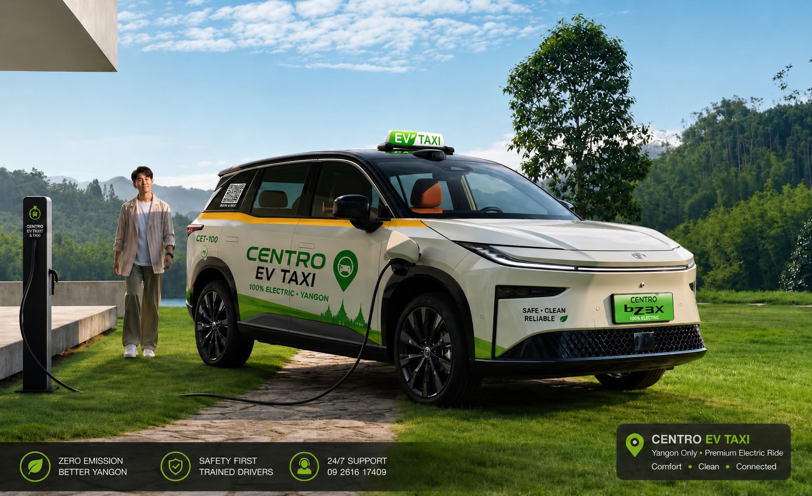 CentroEvTaxi Yangon bZ3X electric taxi at an EV charging point